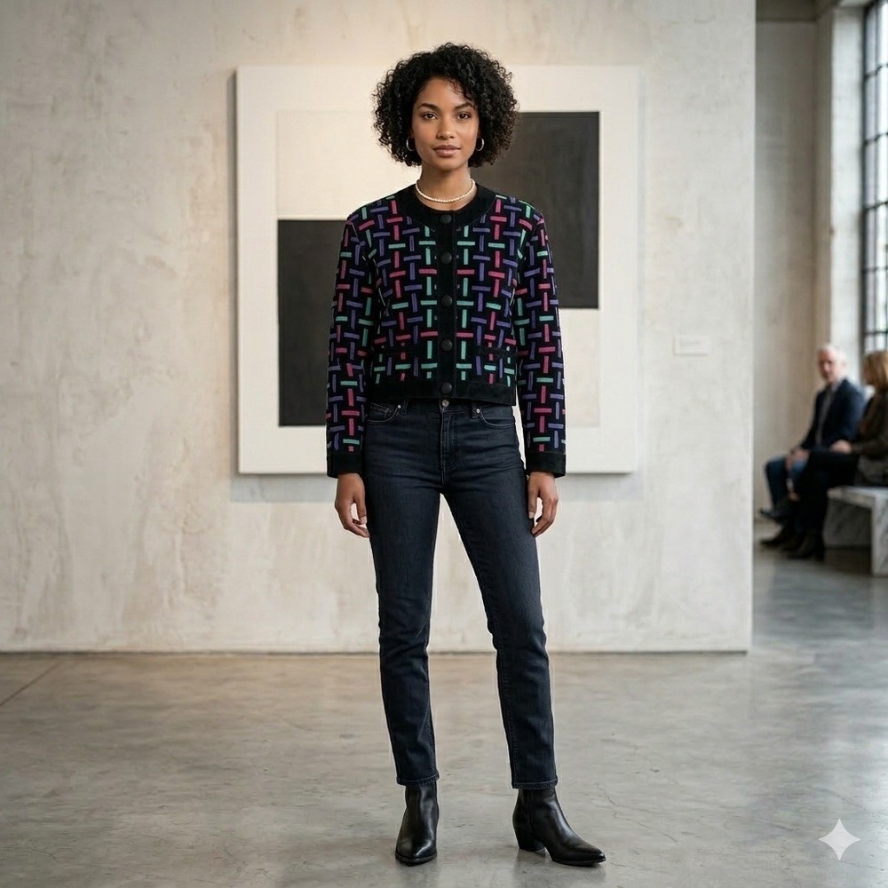 Vtg Dino'z Suede Leather‎ Jacket 80s Colorful Abstract Lattice EU 36 UK 10